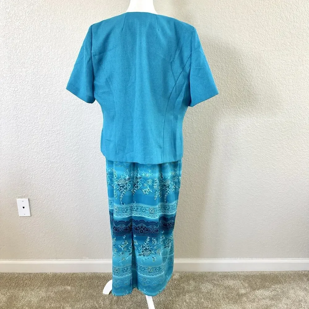 Koret Dress Turquoise Floral Maxi Dress Jacket Set Embroidered 2 Piece Womens 16